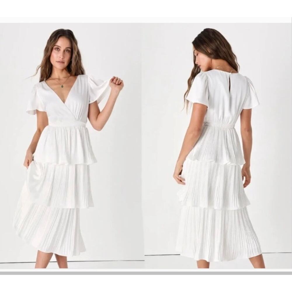Lulus Meet For Tea White Jacquard Bustier Midi Dress With Pockets Sz L#16